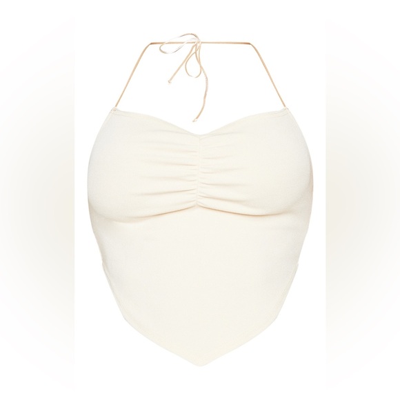 PRETTYLITTLETHING Nude Beige Front Ruched Ribbed Halter-neck Cropped Top Shirt S - Picture 5 of 16